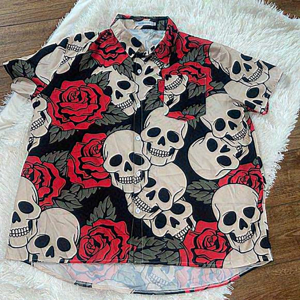 Miss Look Ladies Shirt Top Skeletons & Roses button down size XL